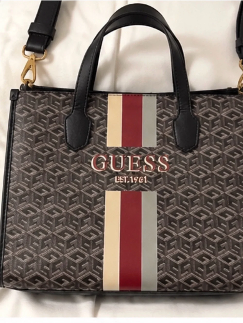 GUESS Monogram Logo Satchel Tote Crossbody Bag Brown Burgundy Stripe